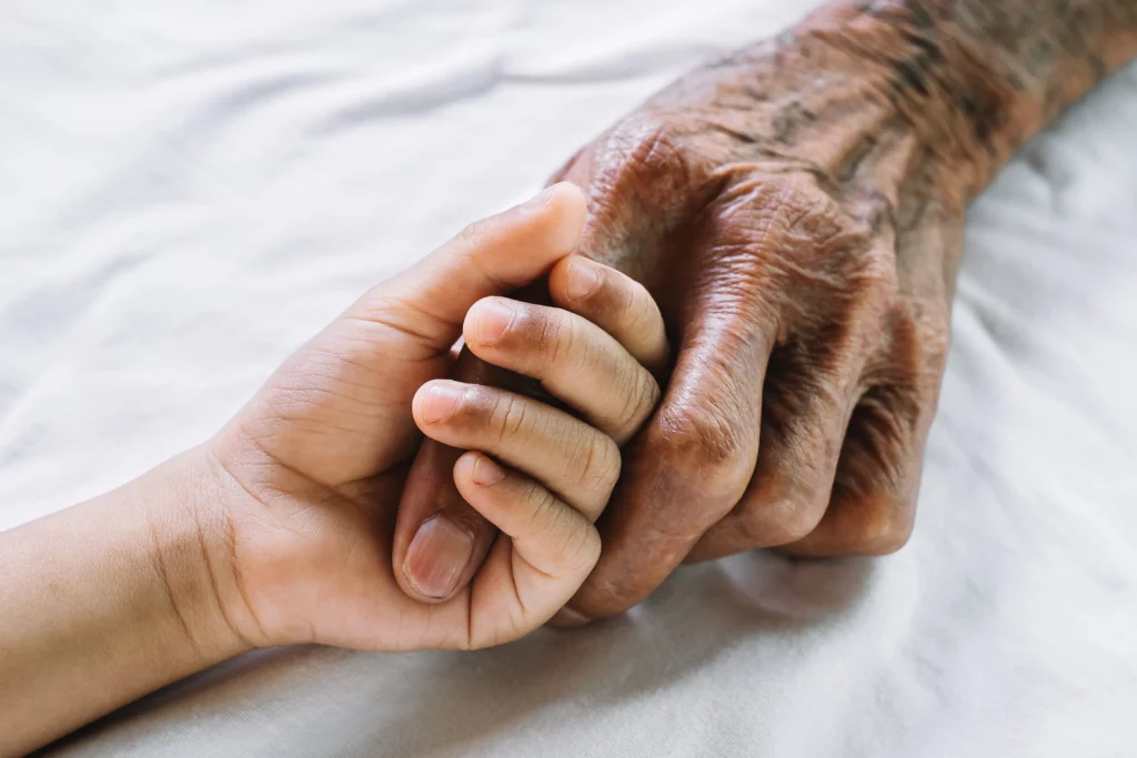 Child holding elderly hand, symbolizing inheritance and family connection.
