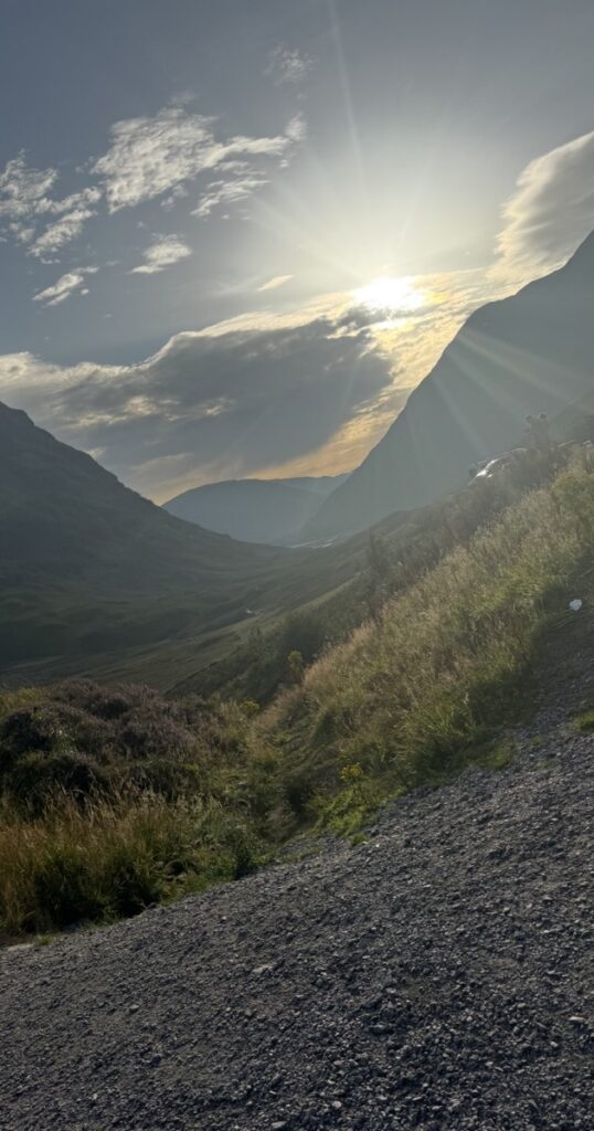 Evening sun over a deep mountain valley